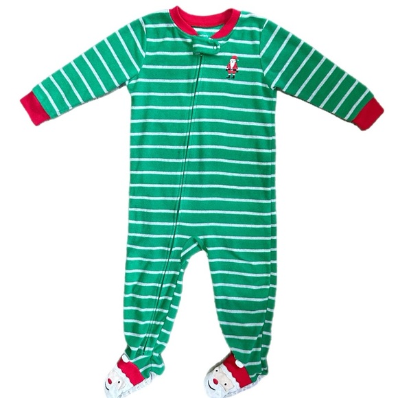 Carter’s Christmas Green Striped Fleece Zip Footed Sleeper Boys 24 Months - Picture 1 of 7